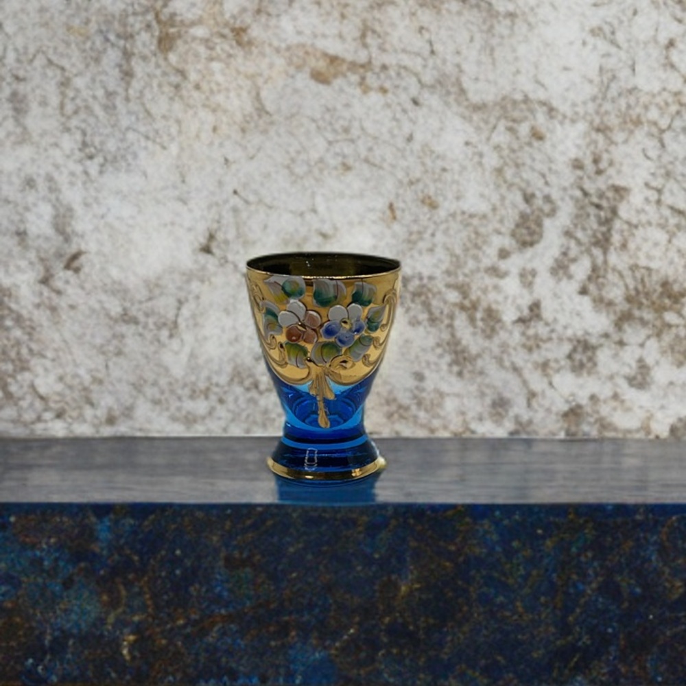 Bohemia Czechoslovakia Cobalt Blue Glass 24K Gold Enameled Shot Glass 2.5”